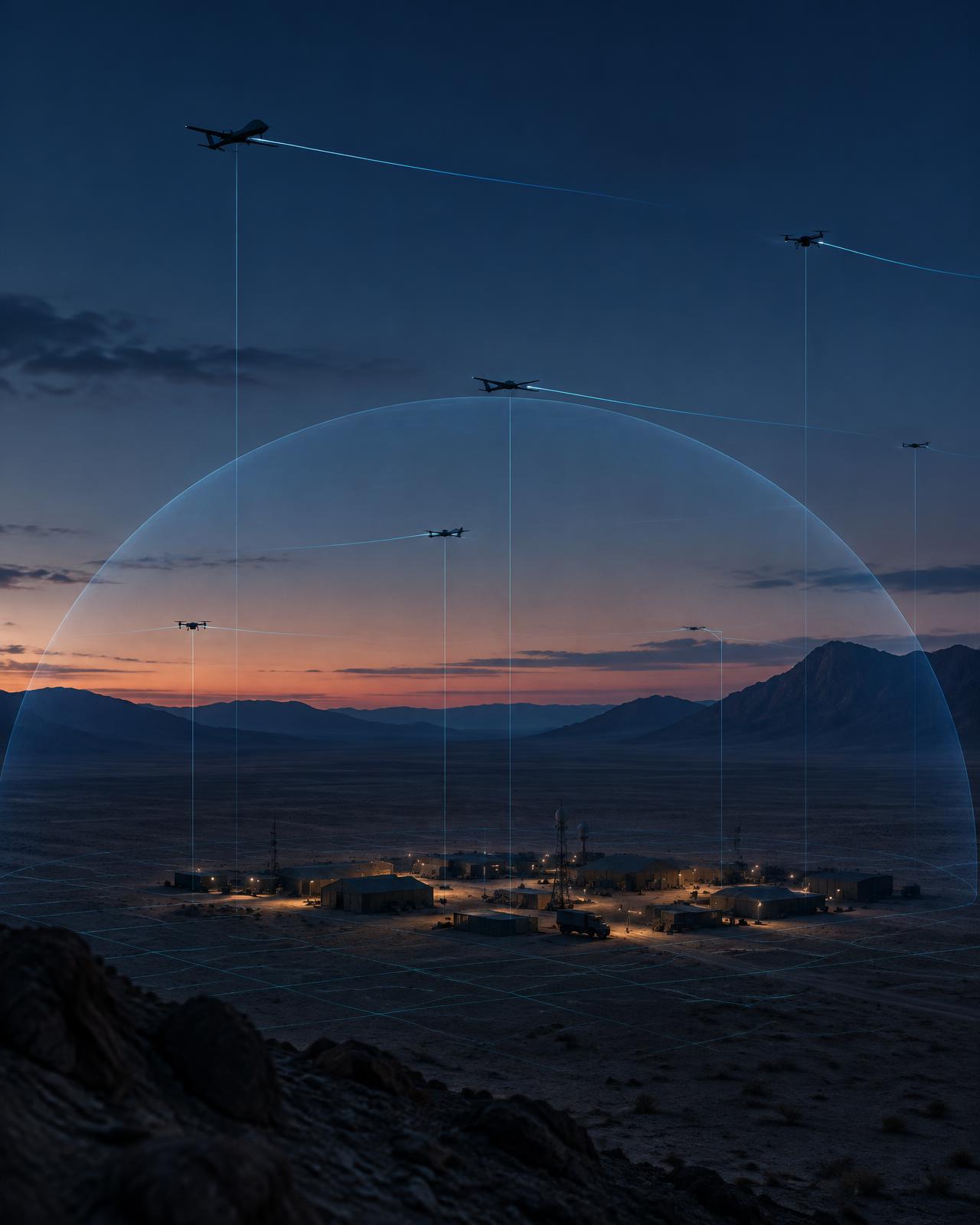 Small aerial systems at different distances and heights, each with a persistent track, inside one protected airspace volume above a desert site