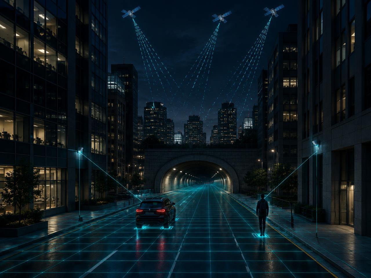 Satellite signals breaking up above a dense city street while a spatial grid on the ground stays intact, anchoring a car and a person