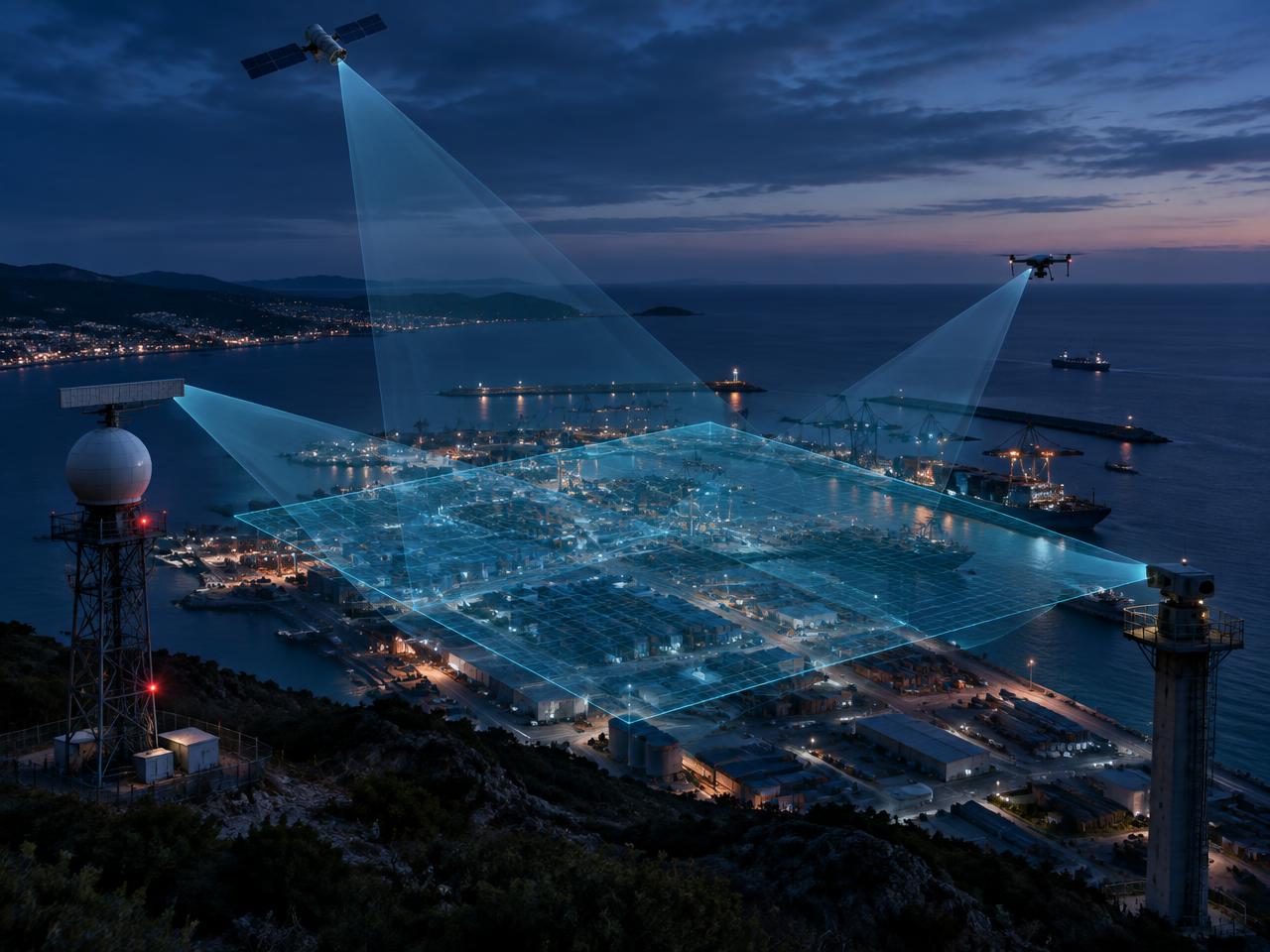 Radar, camera tower, drone and satellite observing one port, their views converging into a single shared spatial plane