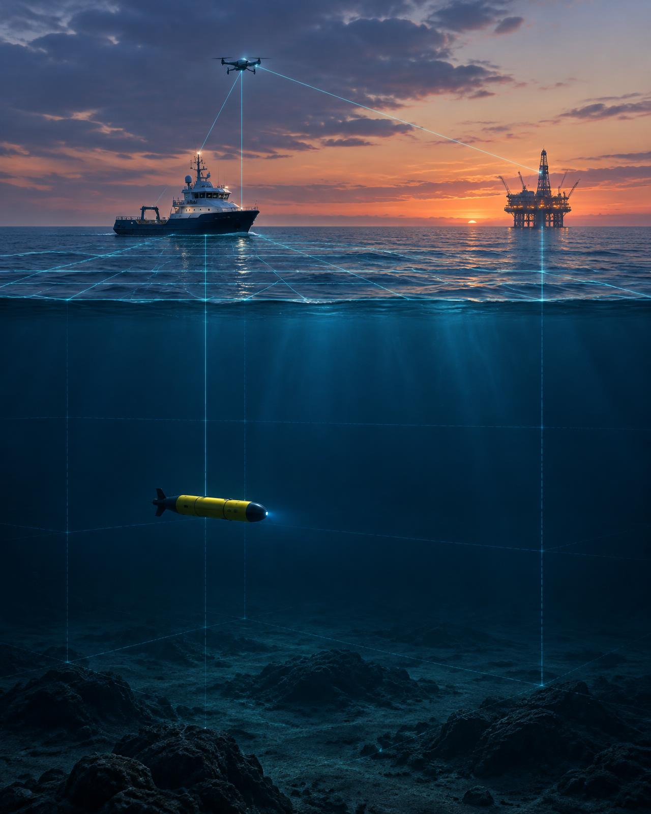 One maritime environment showing a surface vessel, an aerial system, offshore infrastructure and a subsurface vehicle within the same spatial grid