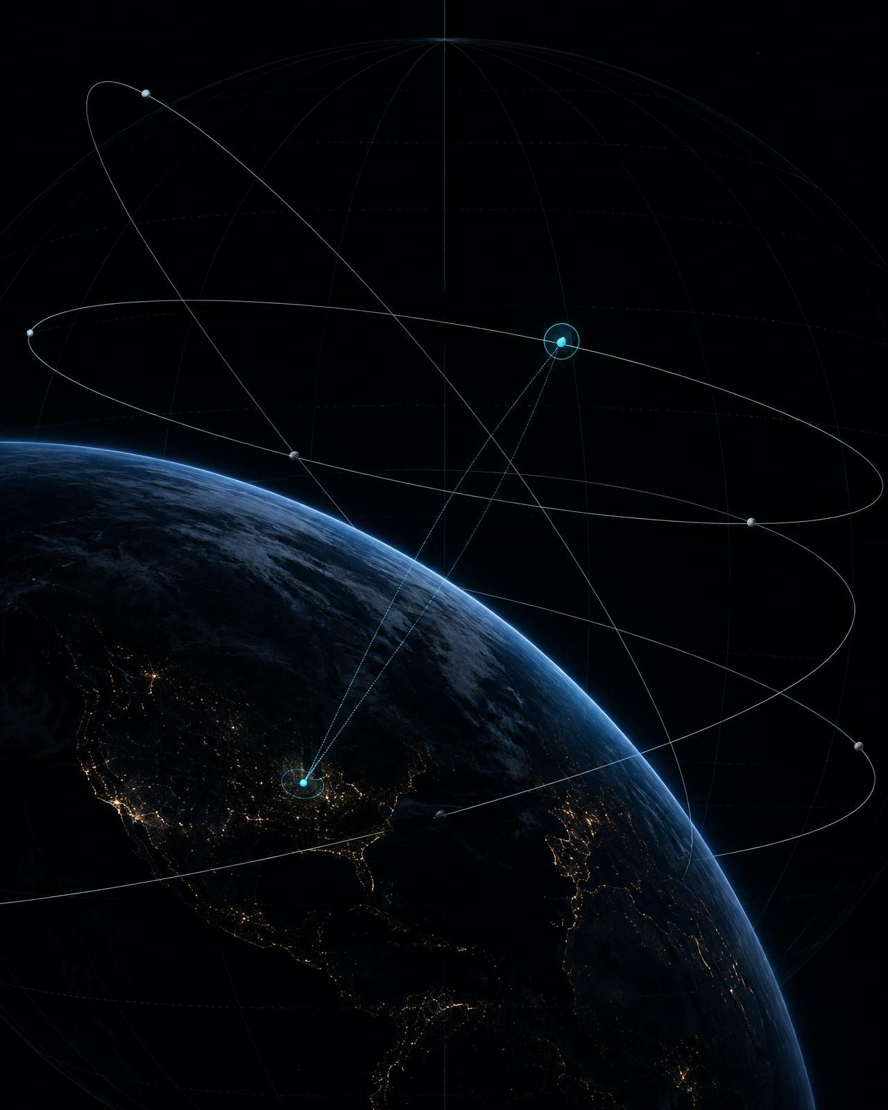 Earth and orbital space as one spatial environment, with orbital paths, positioned objects and one highlighted object linked to a ground reference