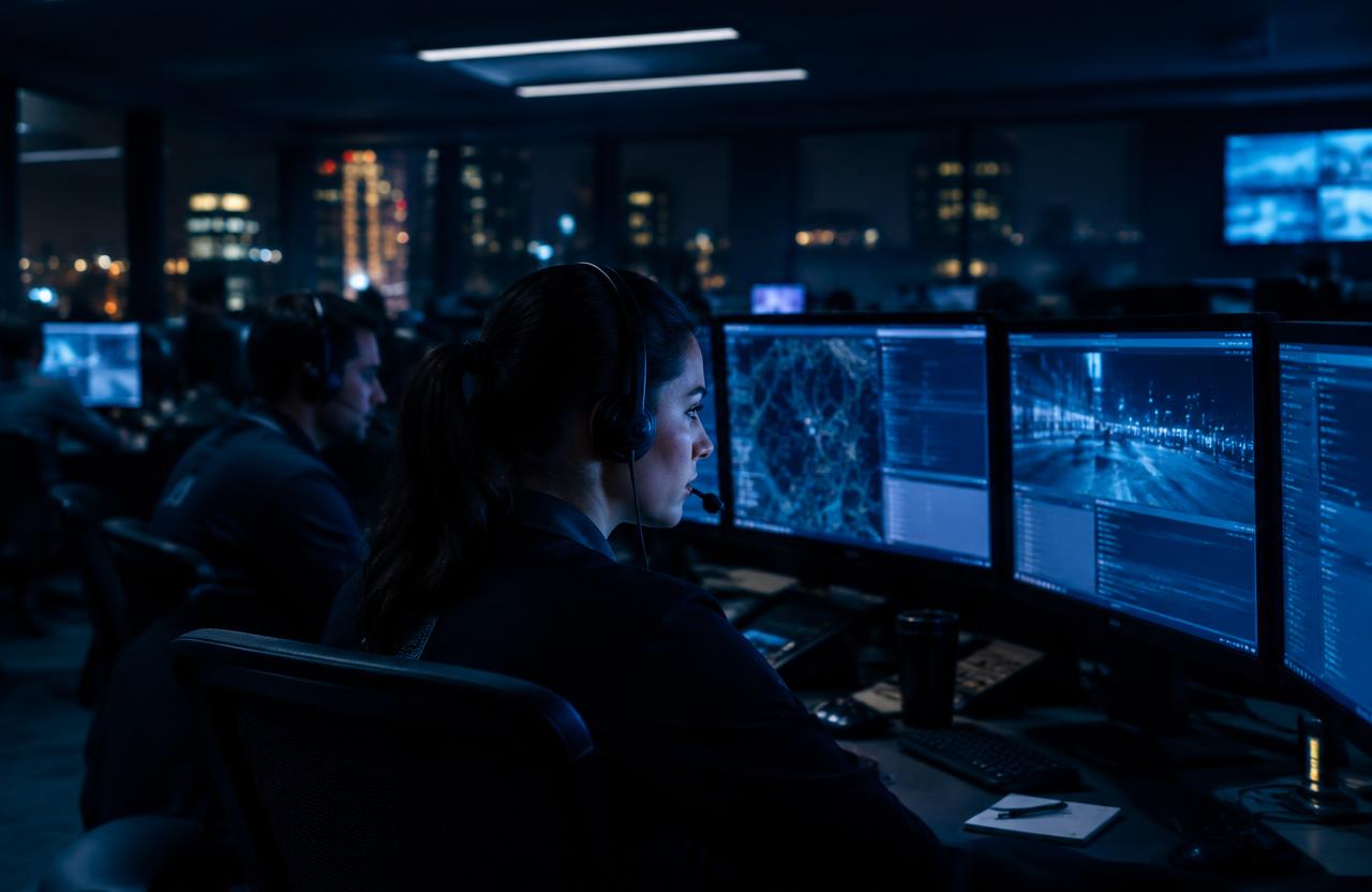 Dispatchers with headsets at workstations in an emergency communications center