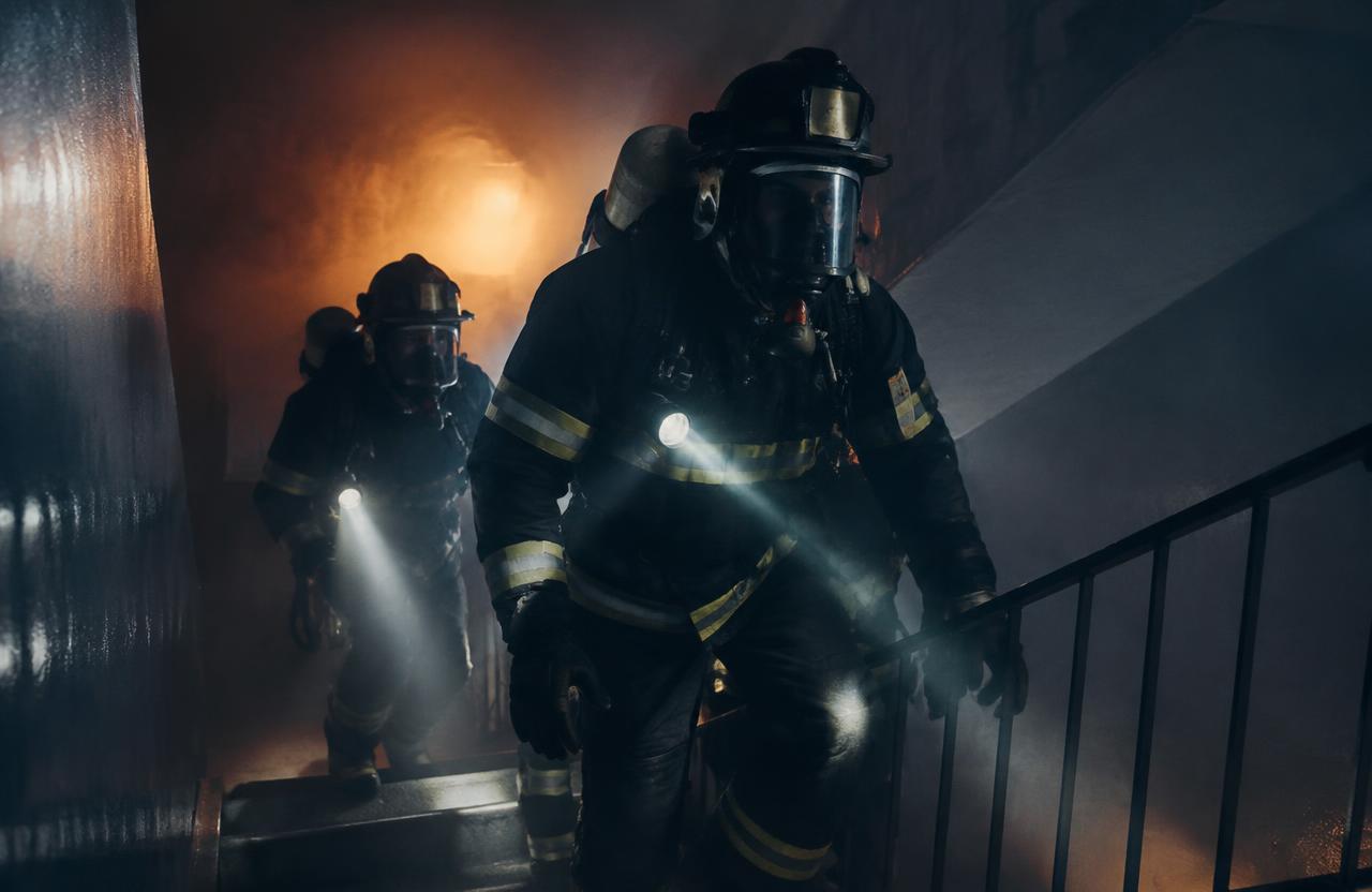 Firefighters advancing up a smoky high-rise stairwell