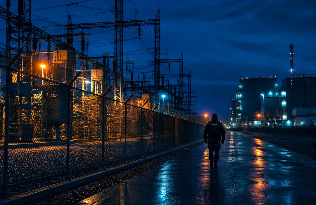 A security patrol walking the perimeter of a power substation at night