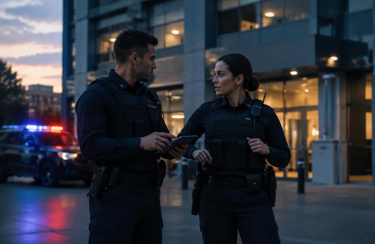 Two police officers coordinating outside a multi-story building at dusk