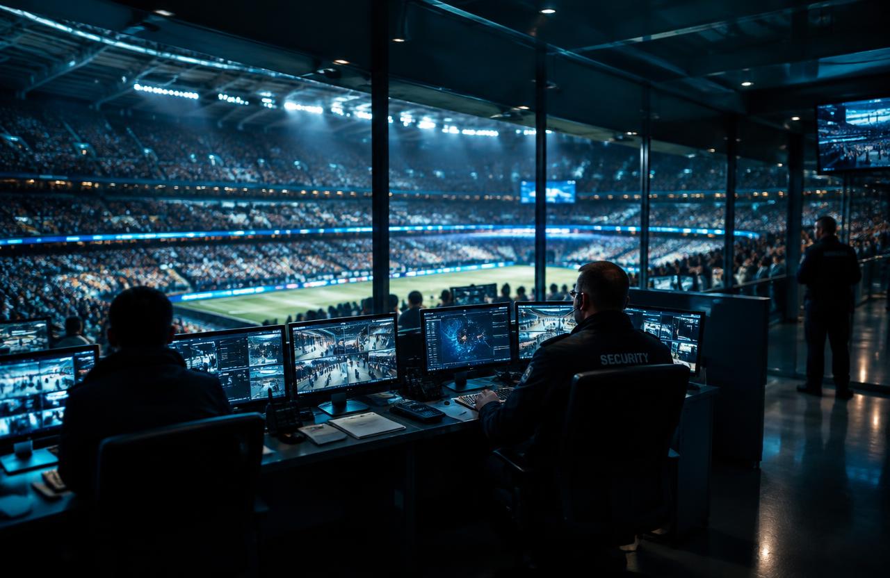 Security staff monitoring a stadium from a venue operations room