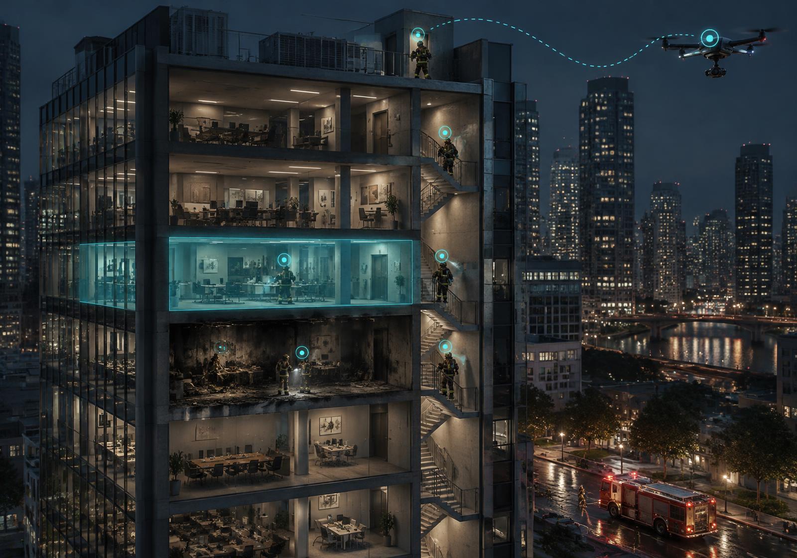 Cutaway of a multistory tower at night with firefighters marked on several floors and in the stairwell, one floor highlighted, and a drone flying beside the roof