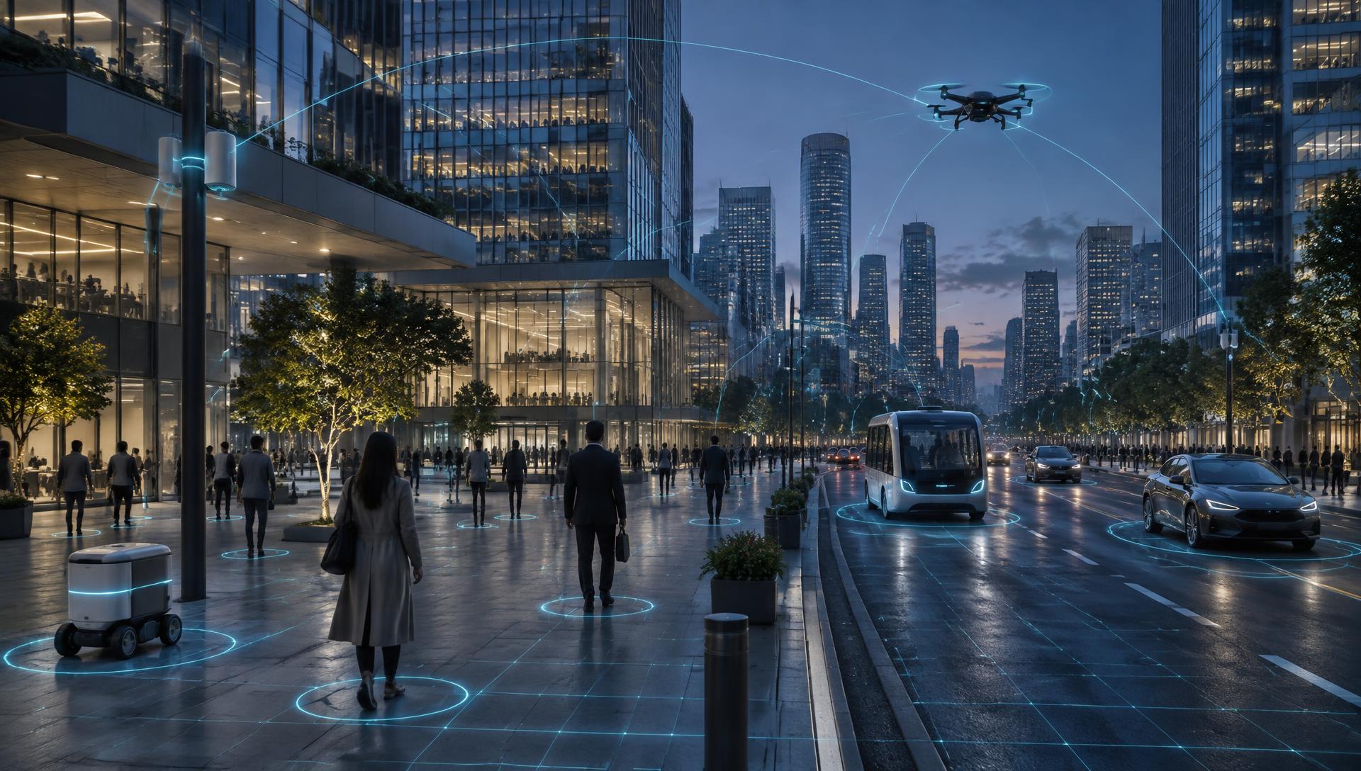 A connected city plaza at dusk where people, vehicles, a drone and a delivery robot share one spatial intelligence layer